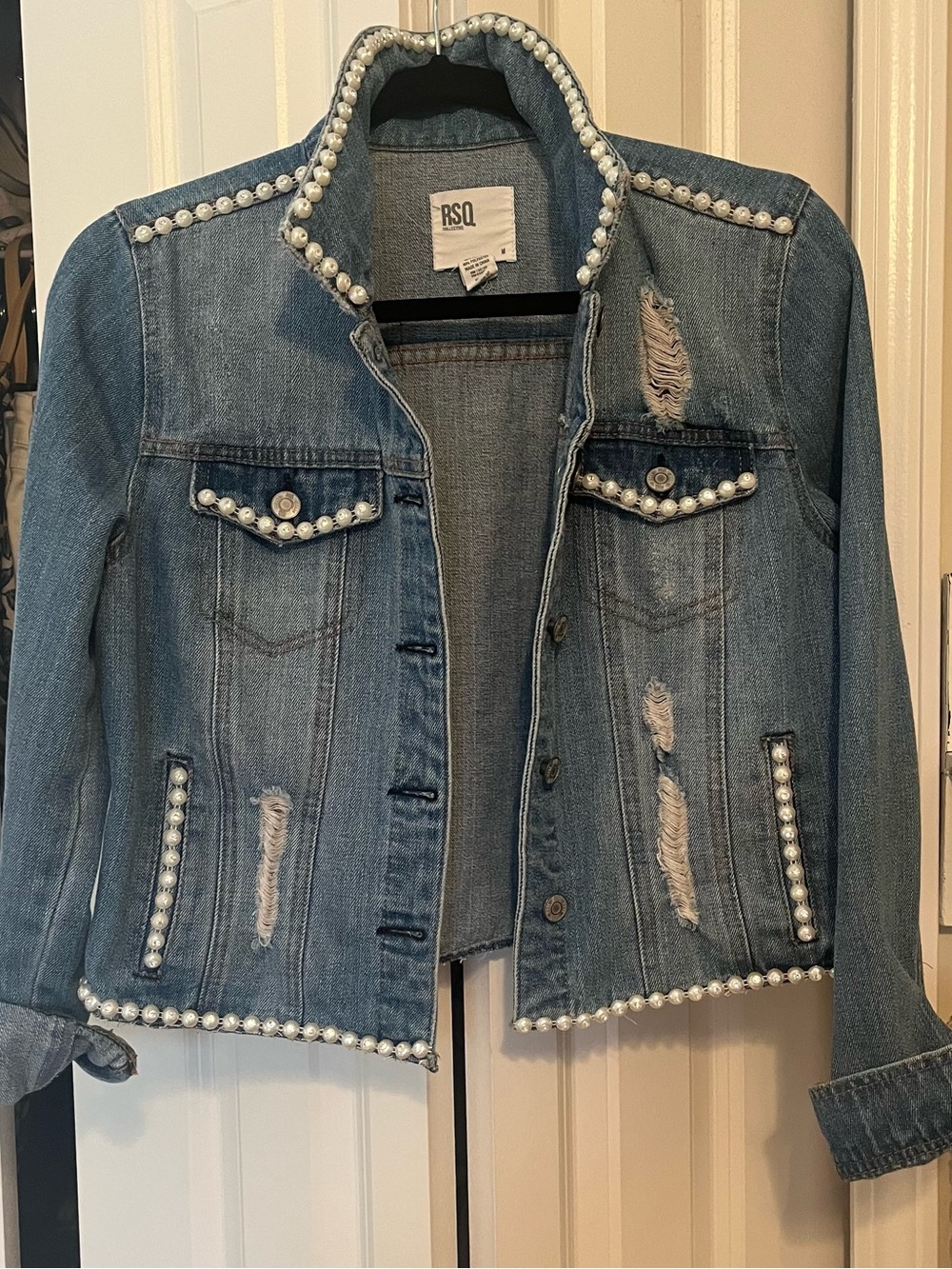 RSQ Pearl-Trim Distressed Denim Jacket in Medium Blue